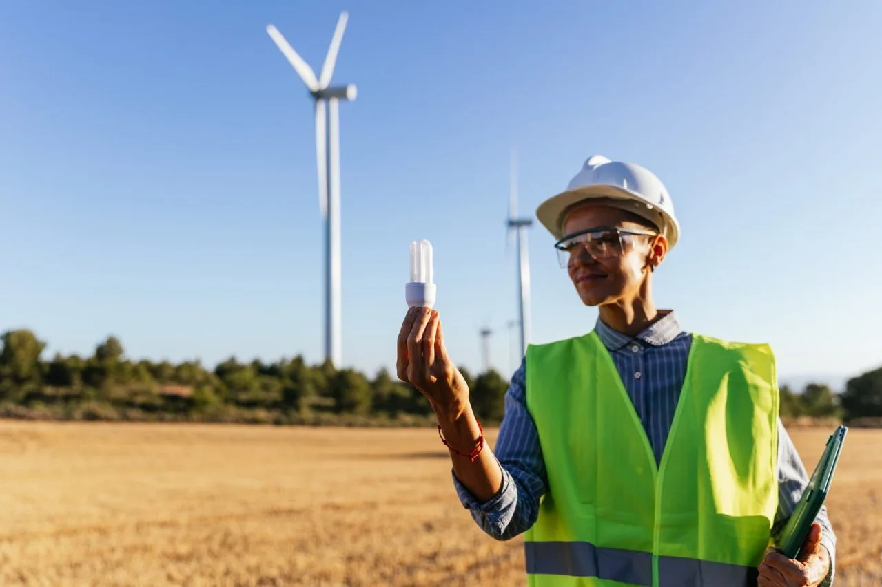 electrical engineer holding energy saving light bulb on unfocused background of windmill