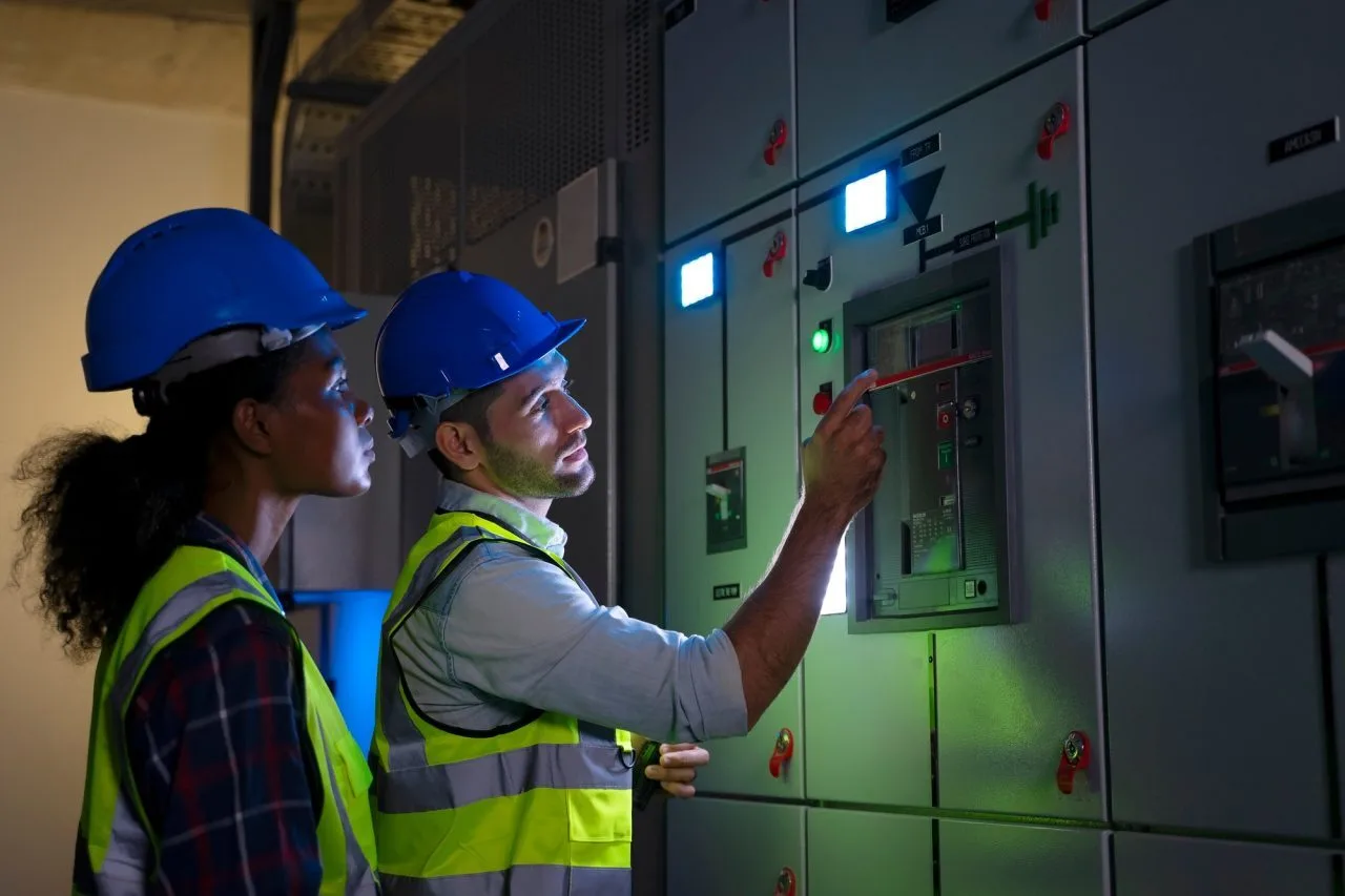 engineers are checking electronic system at basement
